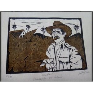 Vintage Framed Painting Farmer On Tabaco Leaf